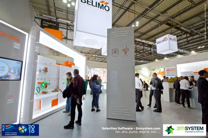 Belimo stand with actuator display wall and suspended logo cubes at MCE 2018