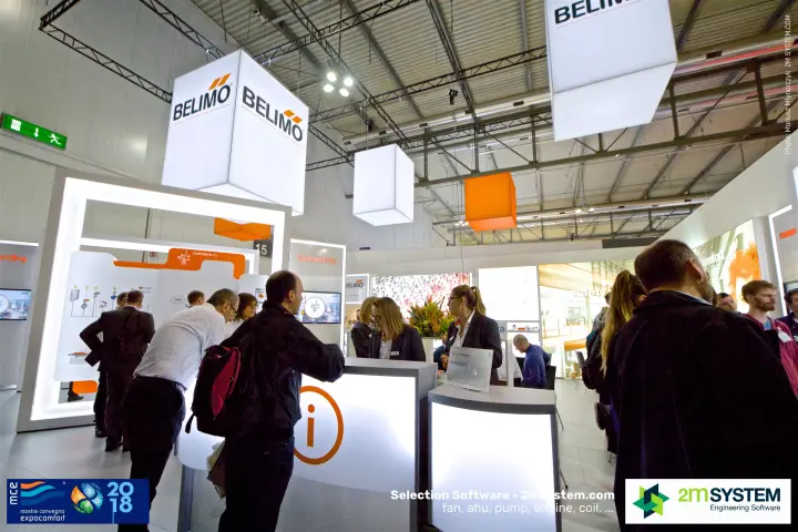 Belimo stand information counter under illuminated hanging cubes at MCE 2018
