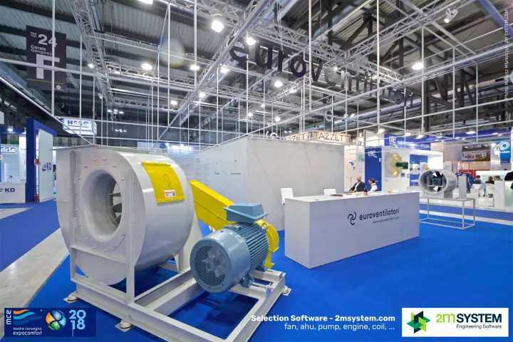 Belt-driven centrifugal fan with blue motor at the Euroventilatori desk at MCE 2018