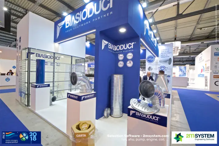 Biasioduct corner with spiral ducts, elbows and indDuct system panel at MCE 2018