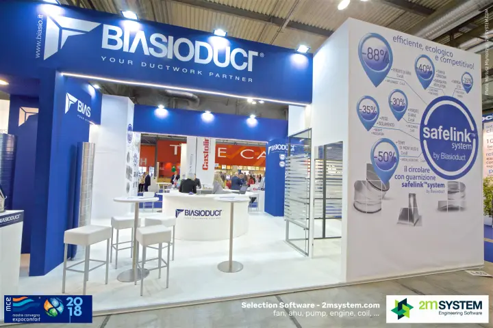 Biasioduct stand with safelink system graphic and round reception counter at MCE 2018