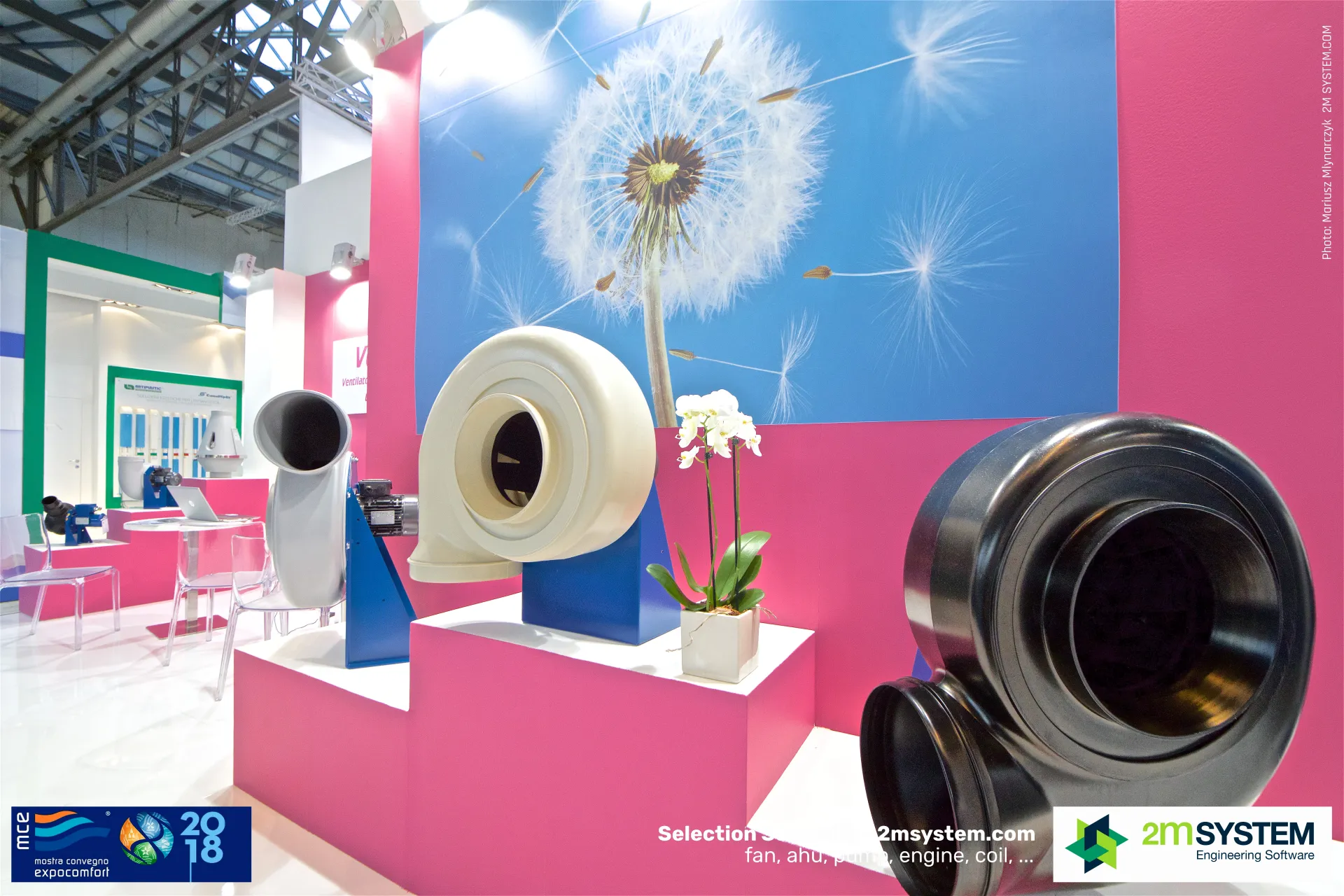 Black plastic centrifugal fan close-up on the Venplast stand at MCE 2018