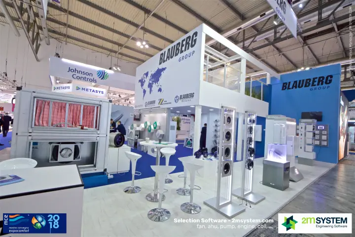 Blauberg Group stand with illuminated fan towers and open AHU at MCE 2018