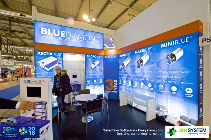 Blue Diamond stand with backlit condensate removal pump graphics