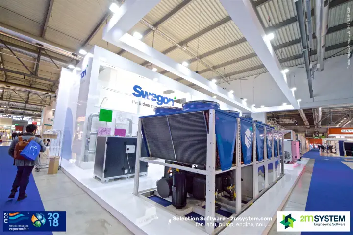BlueBox air-cooled chiller in front of the Swegon wall with diffusers at MCE 2018