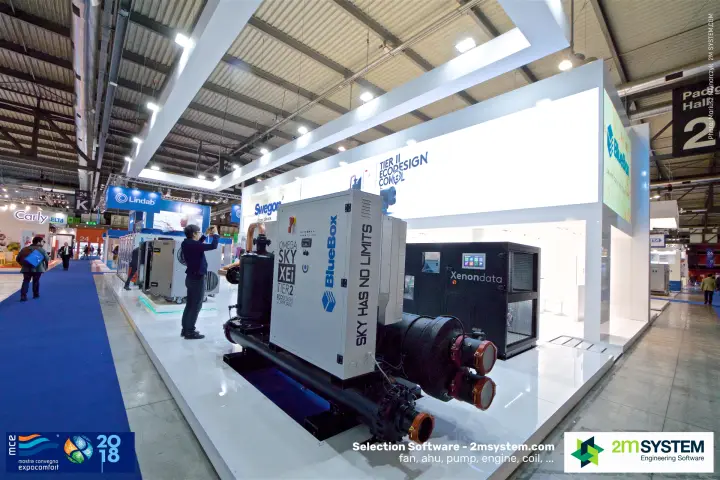 BlueBox Omega Sky XEi water-cooled chiller on the Swegon stand at MCE 2018