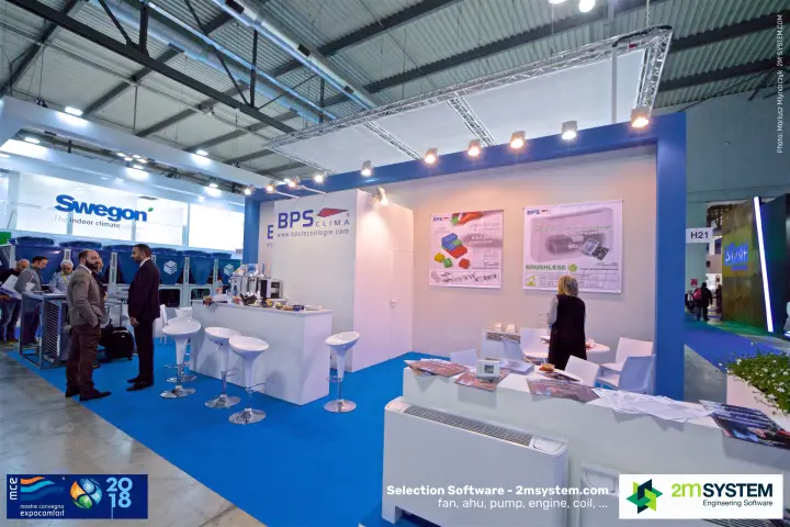 BPS Clima stand with fan coil units and a 'Brushless' inverter poster at MCE 2018