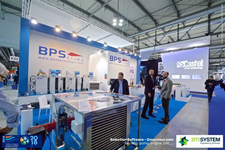 BPS Clima stand with a stainless warm-air unit and burner in front at MCE 2018