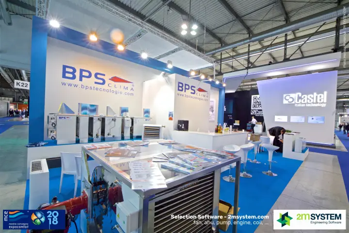 BPS Clima stand with warm air heaters and a brochure table at MCE 2018