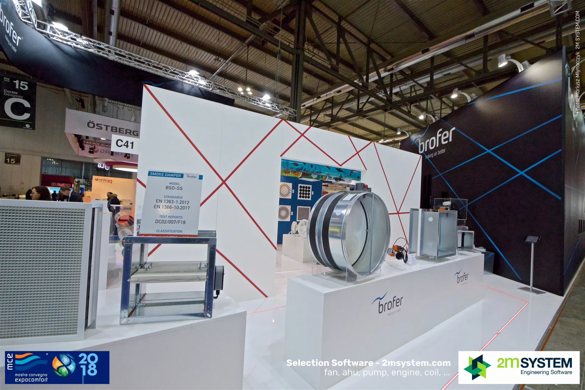 Brofer smoke damper display with BSD-SS label and round dampers at MCE 2018