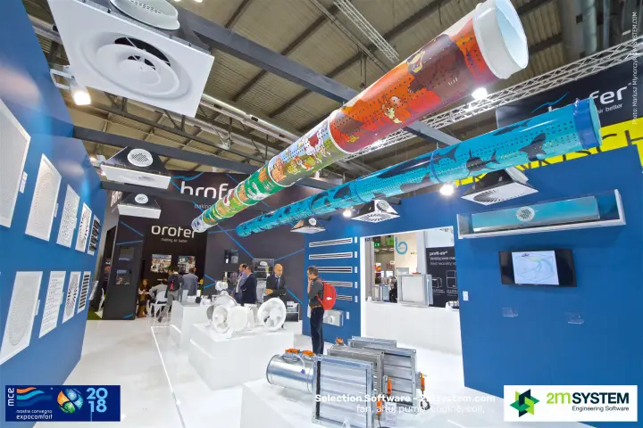 Brofer stand with diffuser wall and cartoon-printed perforated ducts at MCE 2018