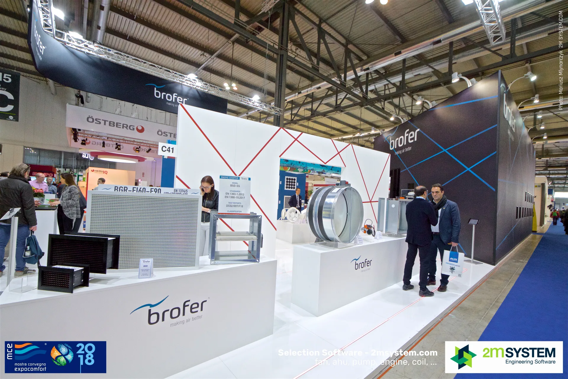 Brofer stand with fire-rated grilles and a circular smoke damper on plinths at MCE 2018
