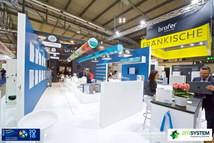 Brofer stand with grilles, dampers and printed perforated ducts overhead at MCE 2018