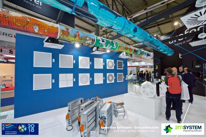 Brofer wall of grilles and ceiling diffusers above motorised dampers at MCE 2018