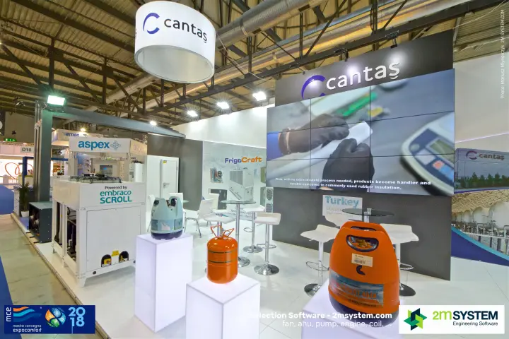 Cantaş stand with refrigerant cylinders and a large video wall