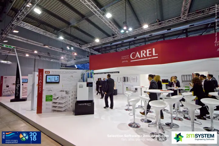 Carel heaterSteam display and busy high-table area under the red fascia at MCE 2018