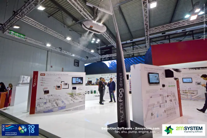 Carel humiFog direct mist demo above boss mini and humiSonic panels at MCE 2018