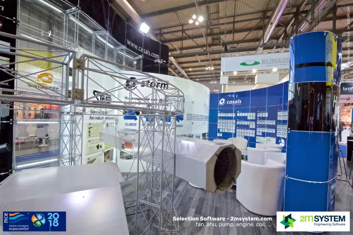 Casals jet fan on a truss with the product range wall behind at MCE 2018