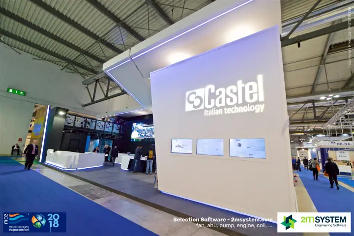 Castel stand with projected 'Italian technology' logo and wall screens at MCE 2018