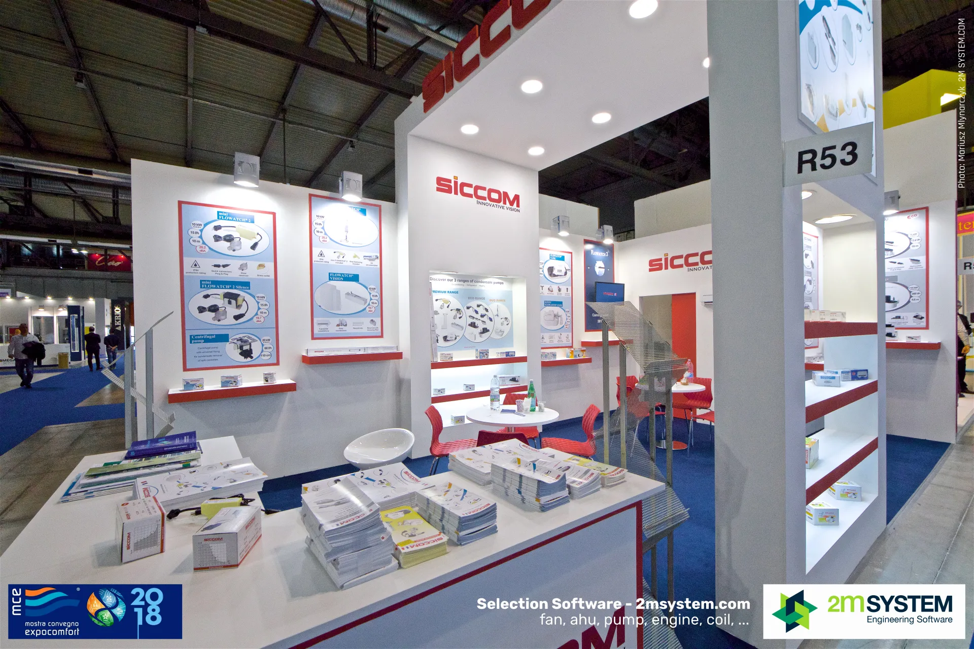 Catalogues and boxed condensate pumps on the Siccom counter at MCE 2018