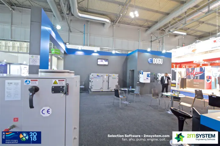CE-marked Dogu unit in the foreground of the grey and blue stand at MCE 2018
