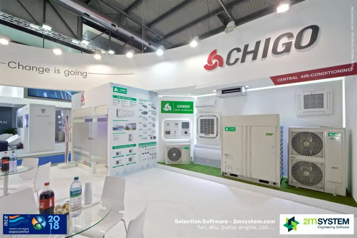 Chigo central air-conditioning corner with CMV VRF outdoor units and cassettes at MCE 2018