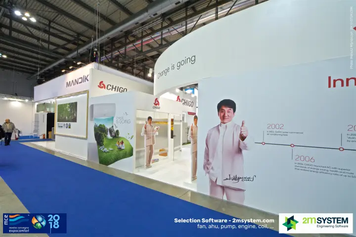 Chigo stand outer wall with company timeline and "Change is going" slogan at MCE 2018