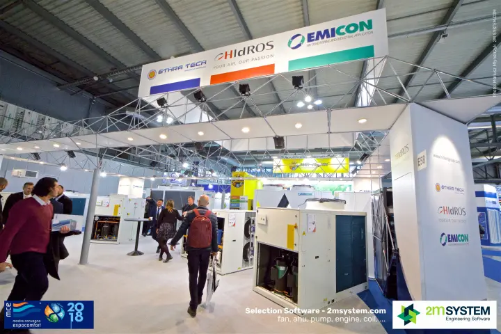 Chillers with open panels under the Ethra Tech, Hidros and Emicon fascia at MCE 2018