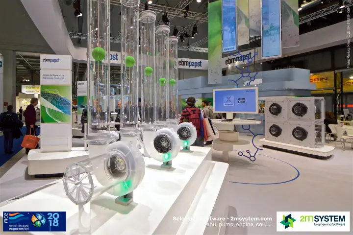 Clear blower housings with green ball tubes and a four-fan wall at ebm-papst at MCE 2018