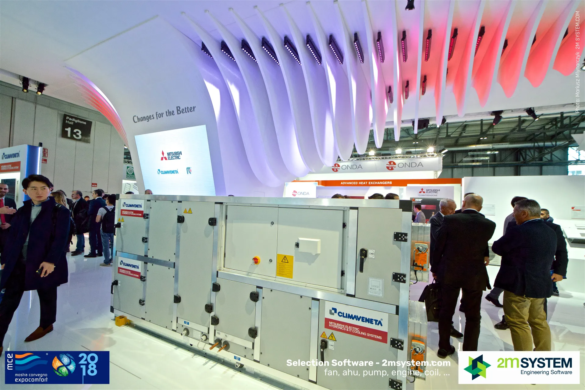 Climaveneta air handling unit under the wave-shaped Mitsubishi Electric canopy at MCE 2018