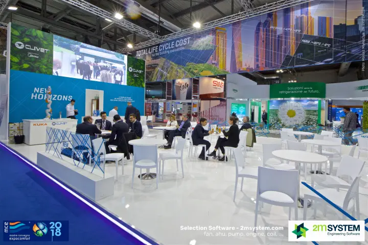 Clivet café area with video wall and KUKA robot arm at the counter at MCE 2018