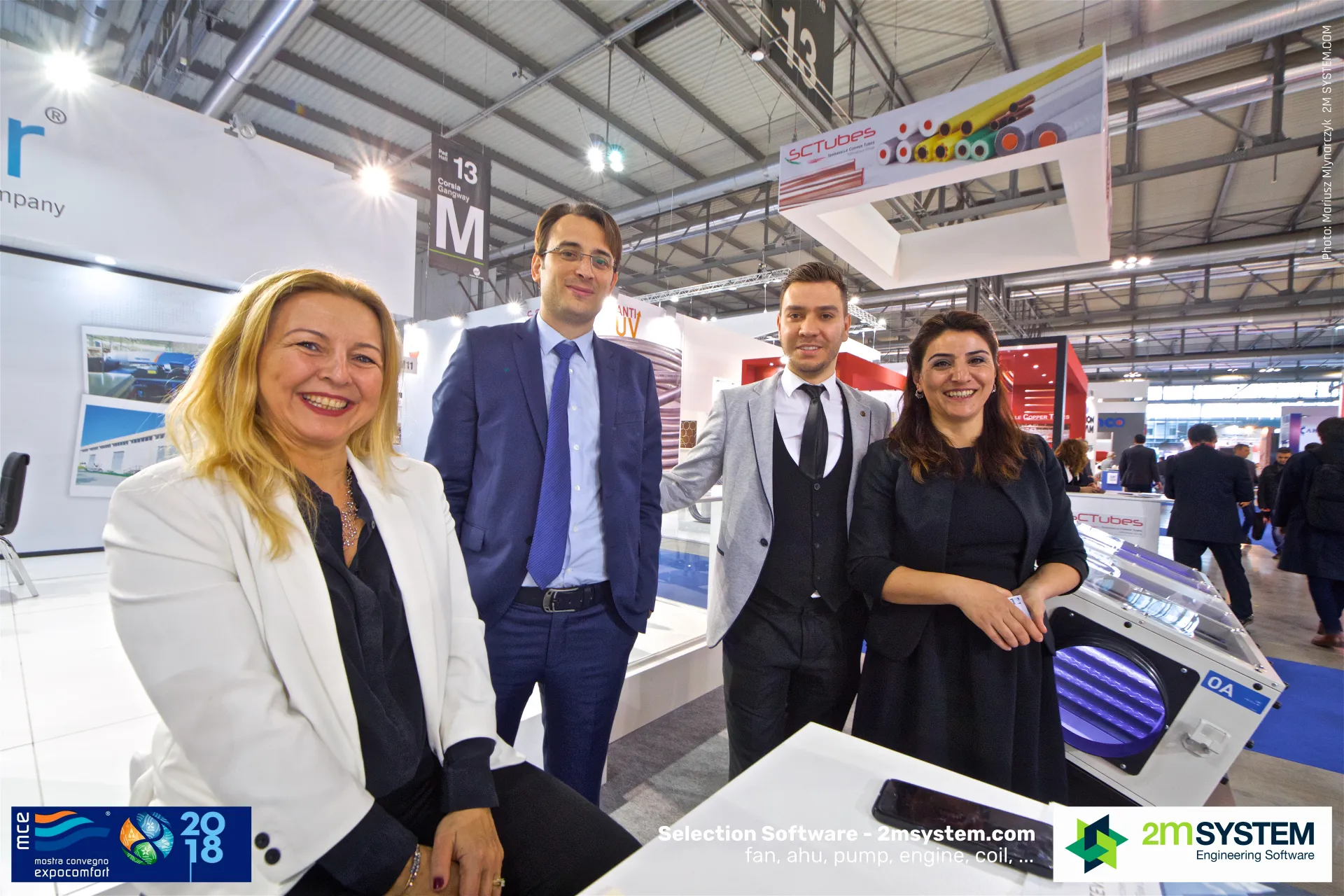 Close group photo of the Impelair stand team at MCE 2018