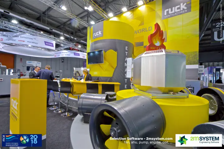 Close view of a Ruck mixed-flow inline fan with yellow impeller