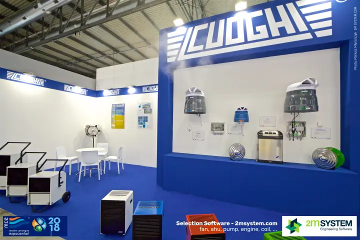 Closer view of Cuoghi humidifiers and control boxes under the large logo at MCE 2018