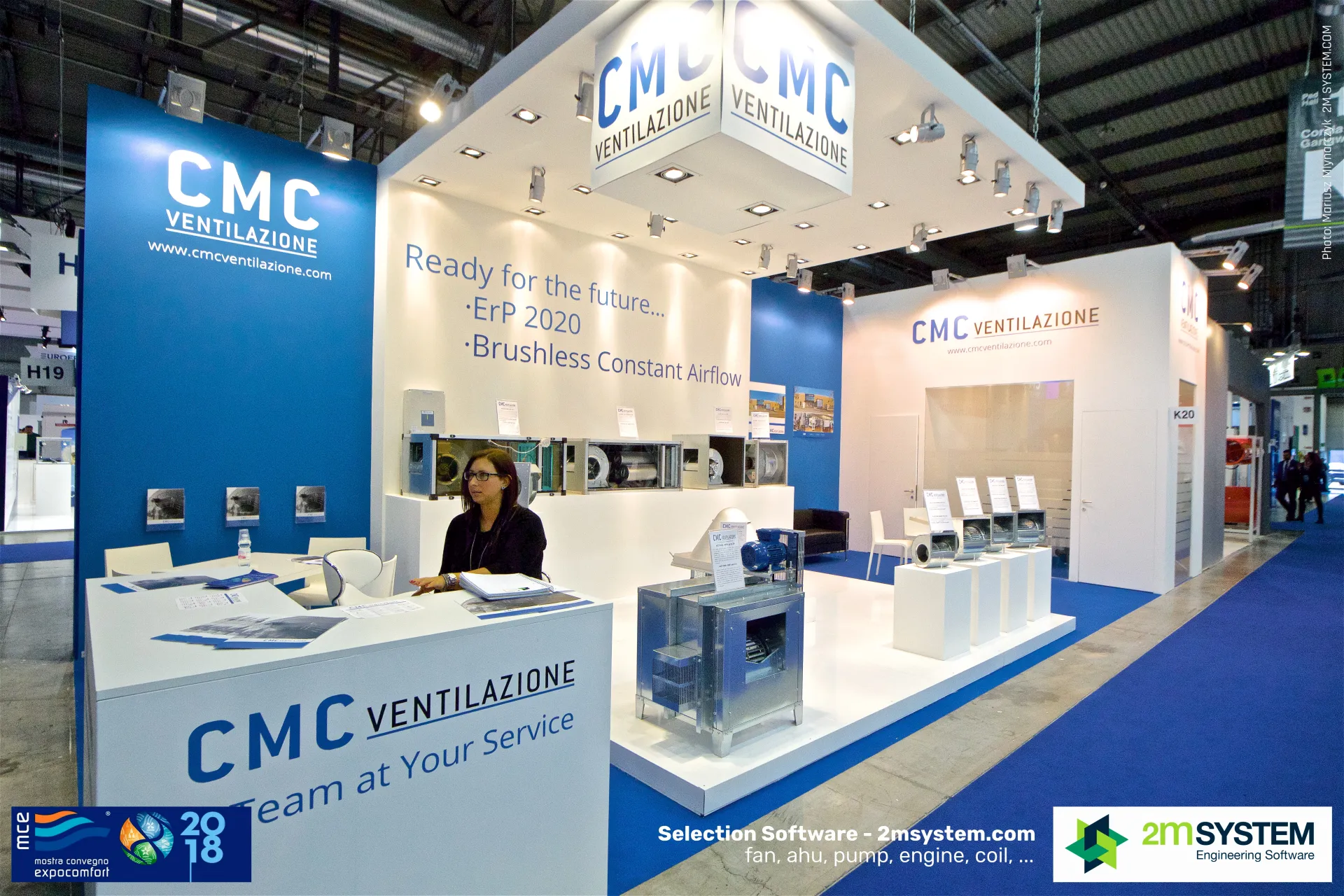 CMC Ventilazione reception counter with "Team at Your Service" slogan at MCE 2018