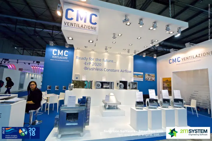 CMC Ventilazione stand with centrifugal fans and roof fan on plinths