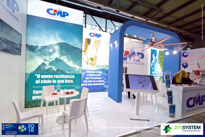 CMP Ventilation Technologies stand with ceiling fan and Italian quotes at MCE 2018