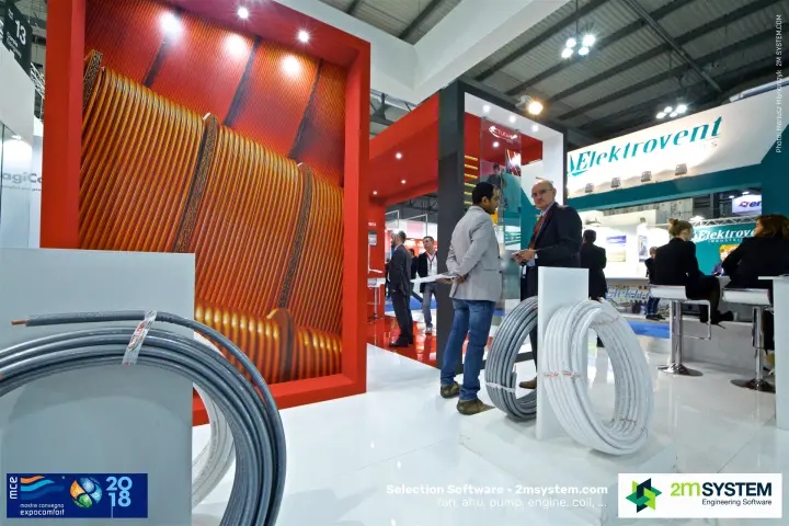 Coils of grey and white insulated copper tubes on the SCTubes stand at MCE 2018