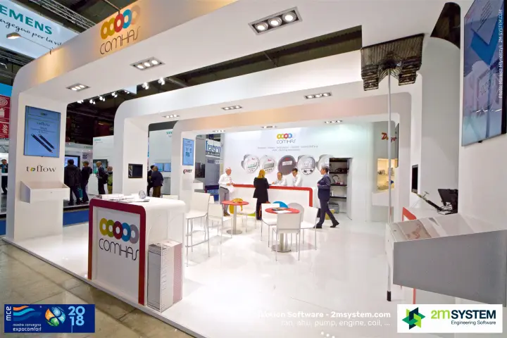 Comhas stand with toflow flow sensor display and Dwyer gauge wall at MCE 2018