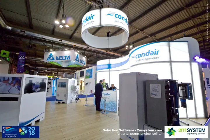Condair GS humidifier with open casing beside the illuminated curved wall at MCE 2018