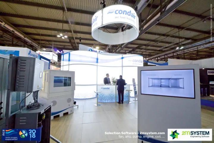 Condair stand with humidifier units and a backlit reception counter at MCE 2018