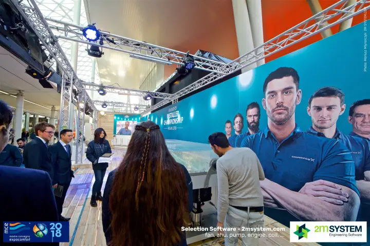 Contest station at the Grundfos Installer Championship under lighting truss at MCE 2018