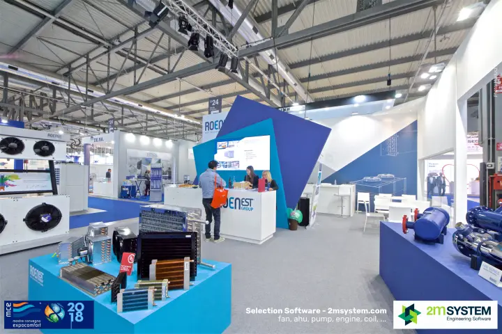 Copper and aluminium finned coils in front of the Roenest counter at MCE 2018