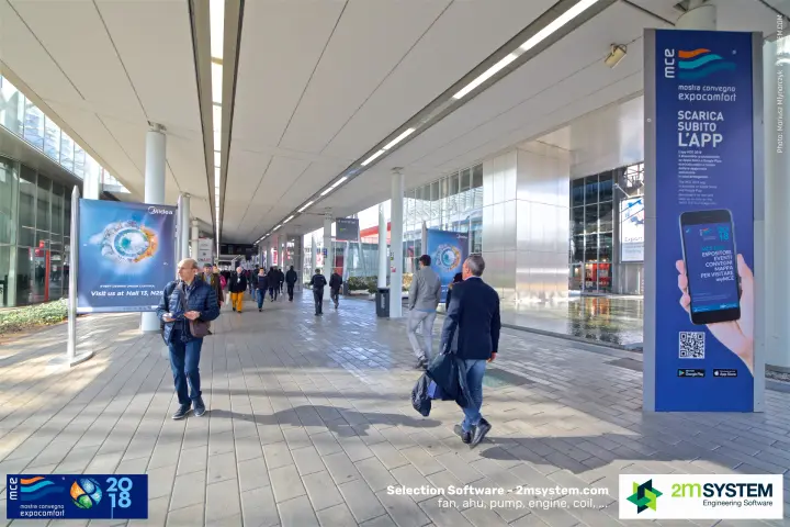 Covered walkway with Midea banners and the MCE app totem at MCE 2018