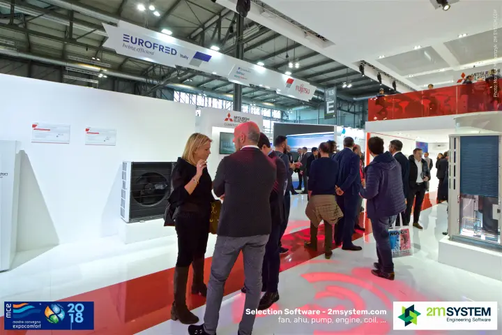 Crowded Mitsubishi Electric outdoor unit display under the red glass deck