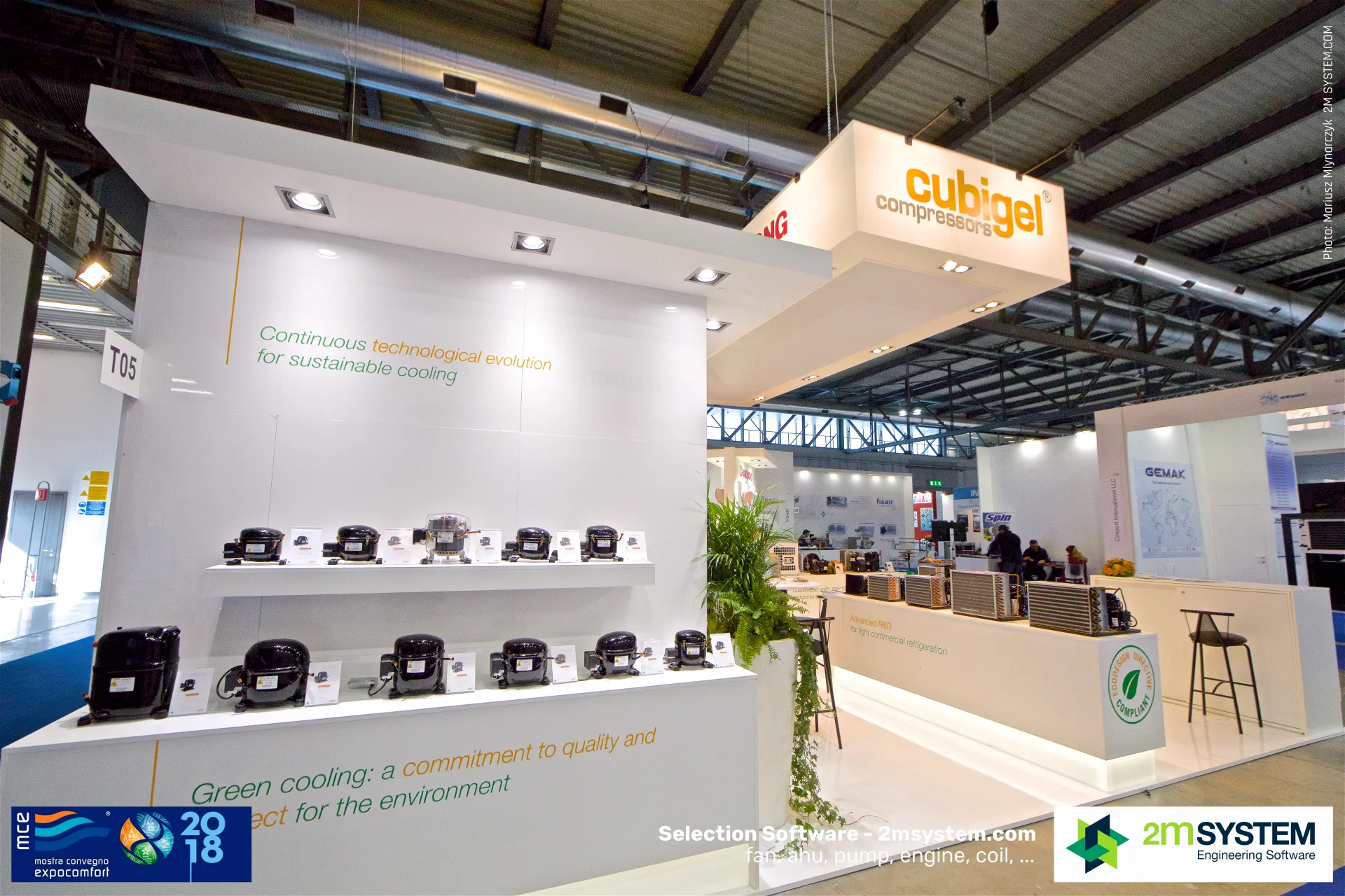 Cubigel stand with hermetic compressors on white shelves at MCE 2018
