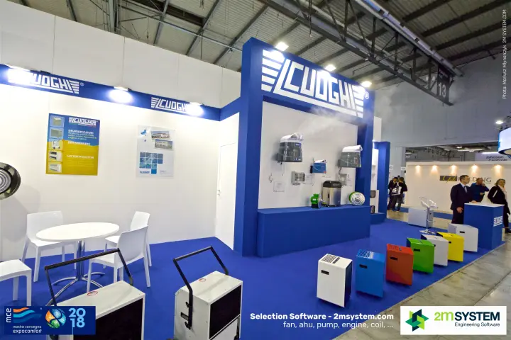 Cuoghi corner stand with row of coloured dehumidifiers along the aisle at MCE 2018