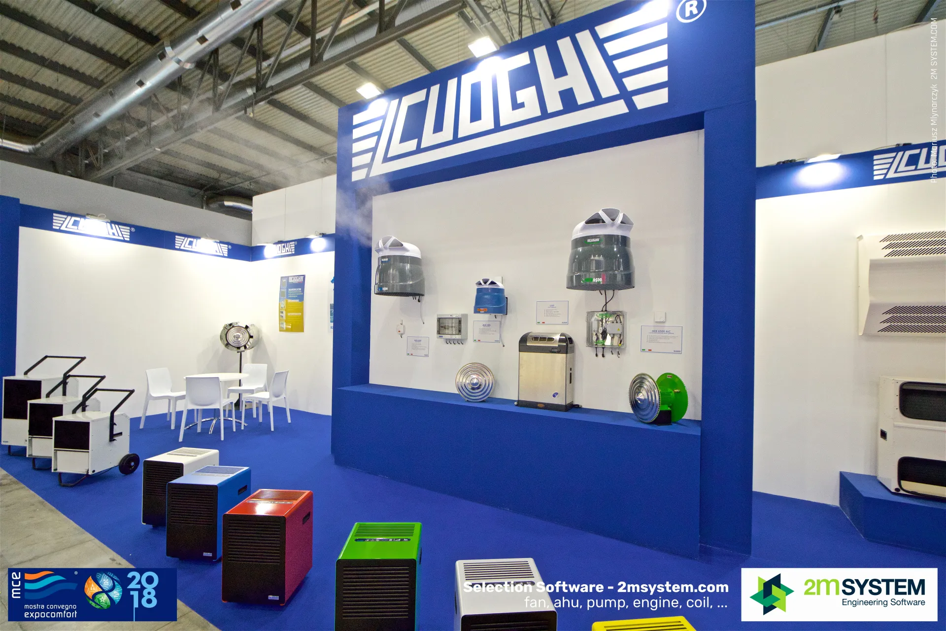 Cuoghi humidifier wall with mist demonstration and portable dryers at MCE 2018