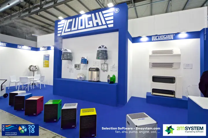 Cuoghi stand with colourful dehumidifiers and humidifiers on the wall at MCE 2018