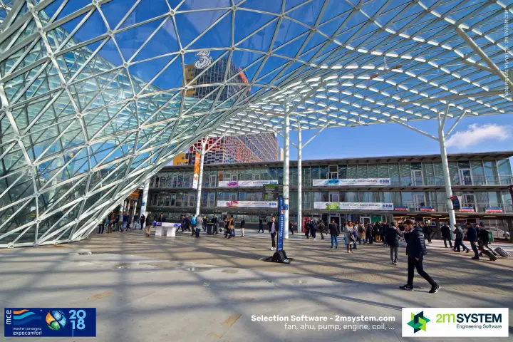 Curving glass canopy over the plaza outside the Milan halls at MCE 2018